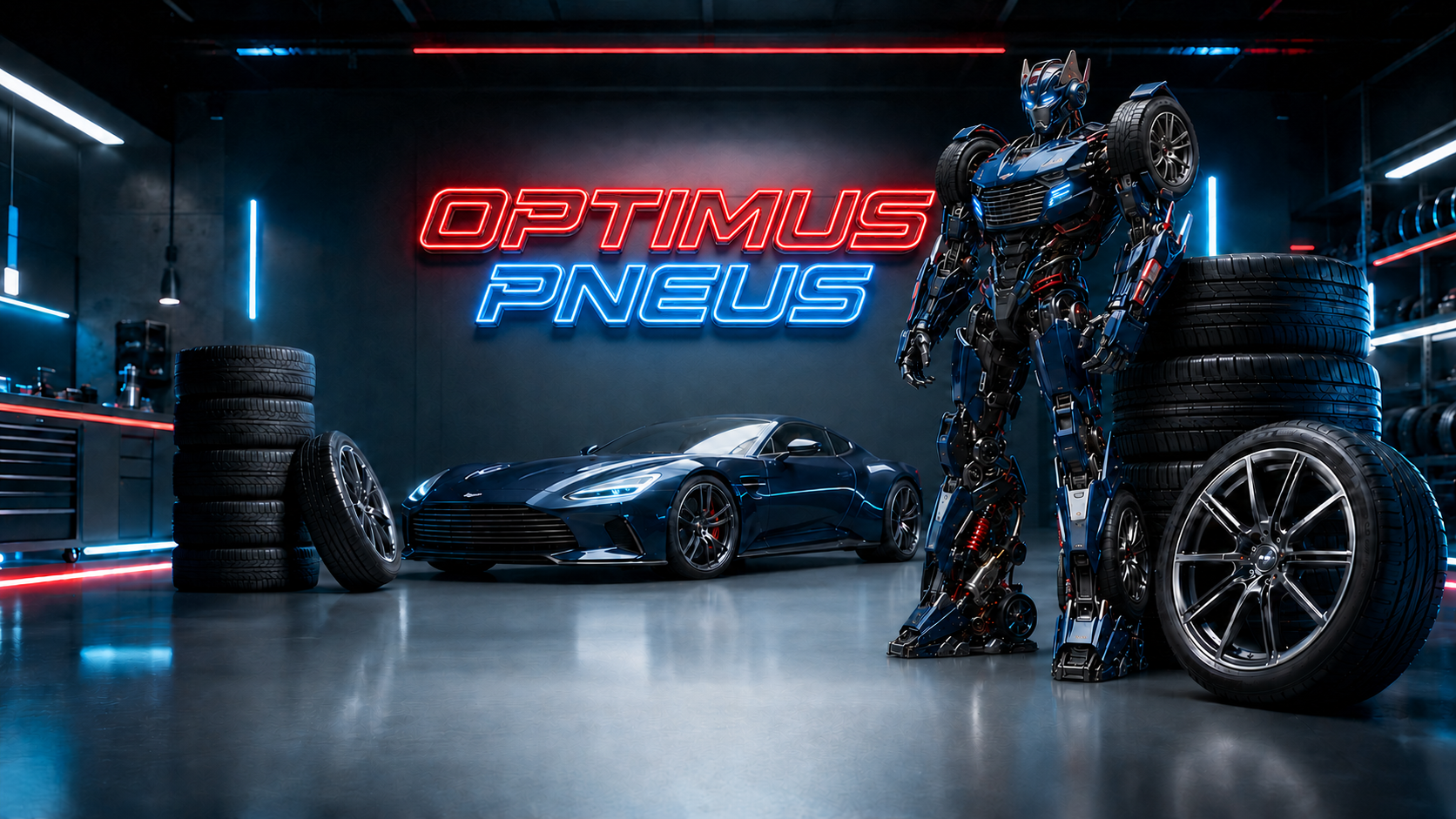 Bannière Optimus Pneus avec robot automobile, voiture sportive et enseigne néon
